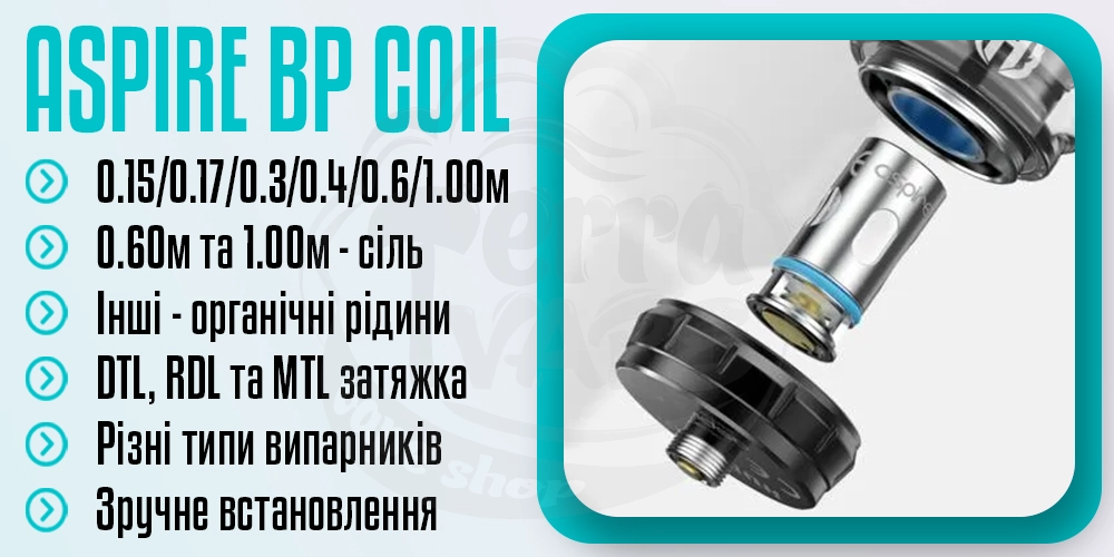 Основні параметри випаровувача Aspire PB Coil